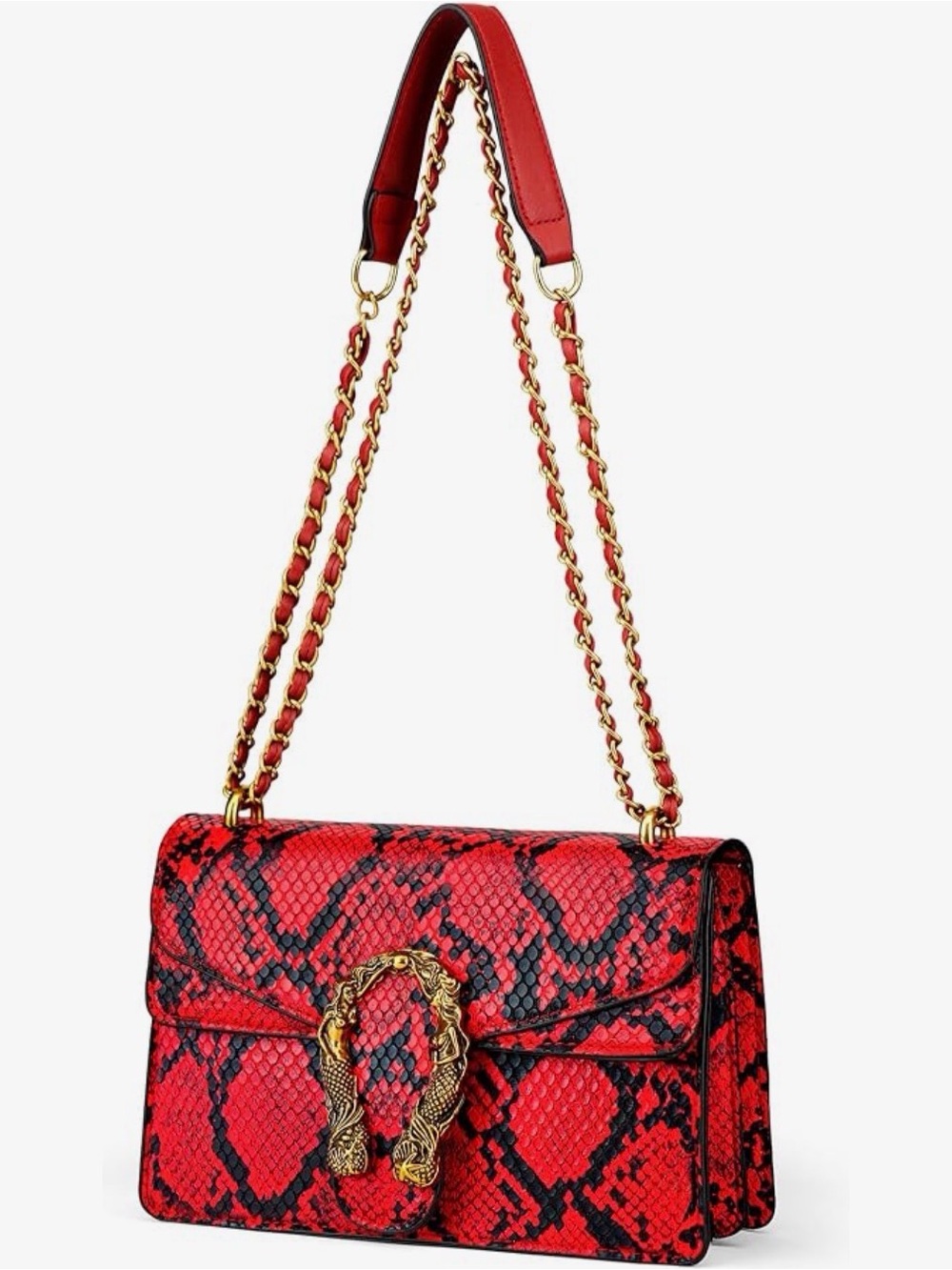 Red Snake-Print Shoulder Bag with Gold Chain and Buckle
